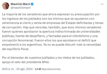 El comunicado de Mauricio Macri en apoyo a Javier Milei por el veto al aumento de jubilaciones. Foto: X.
