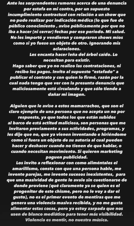 Posteo de La Joaqui sobre la denuncia por estafa en su contra.
