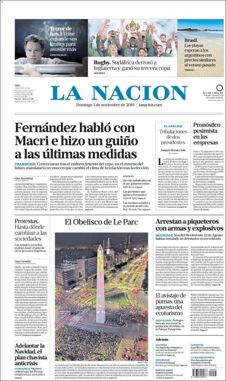 Tapas de diarios, La Nación, domingo 3-11-19