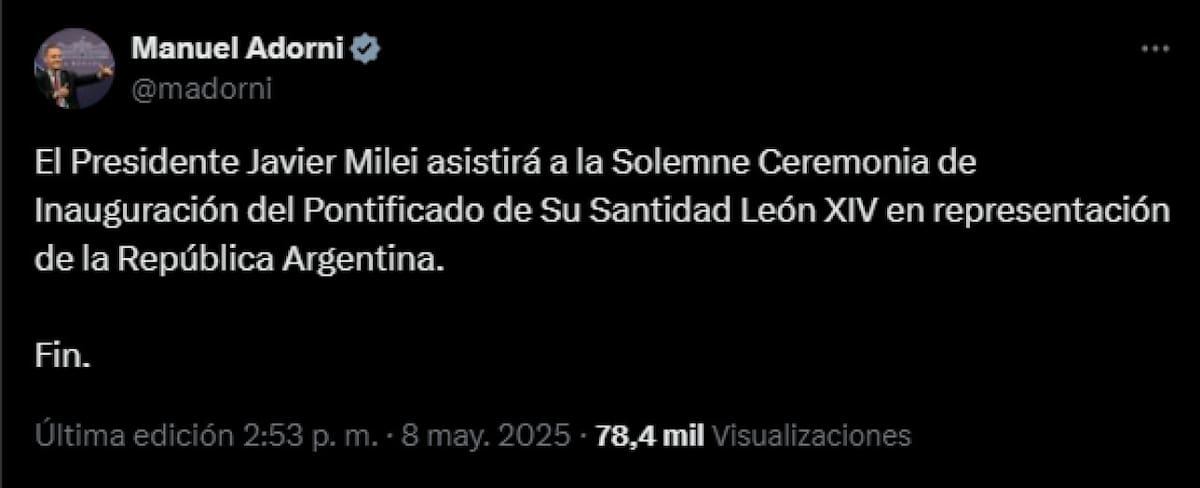 Javier Milei viajará al Vaticano, confirmado por Manuel Adorni. Foto: captura.