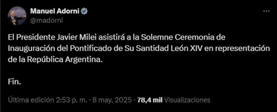 Javier Milei viajará al Vaticano, confirmado por Manuel Adorni. Foto: captura.