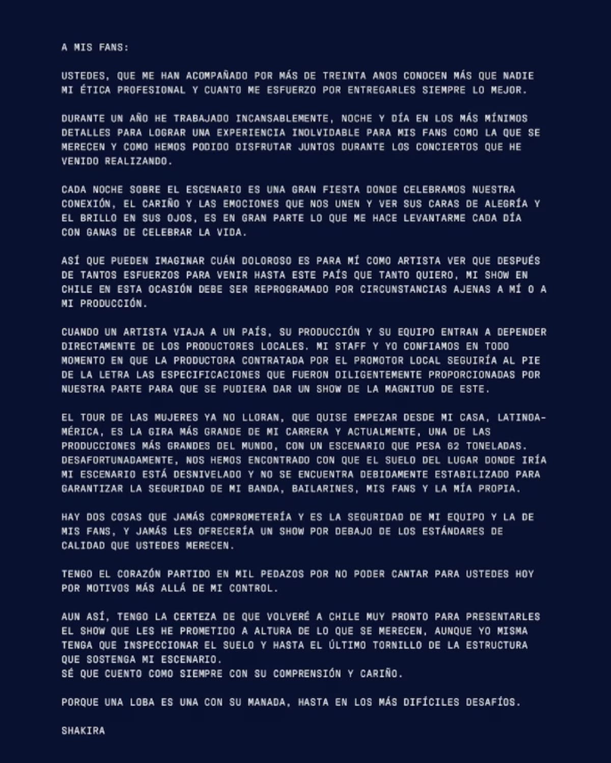Comunicado de Shakira dirigido a sus fans de Chile. Foto: Instagram.