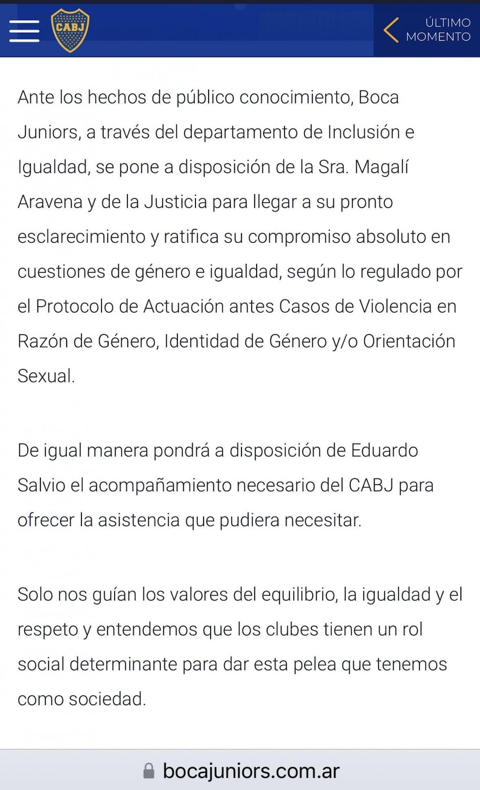 Comunicado de Boca sobre el caso Eduardo Salvio