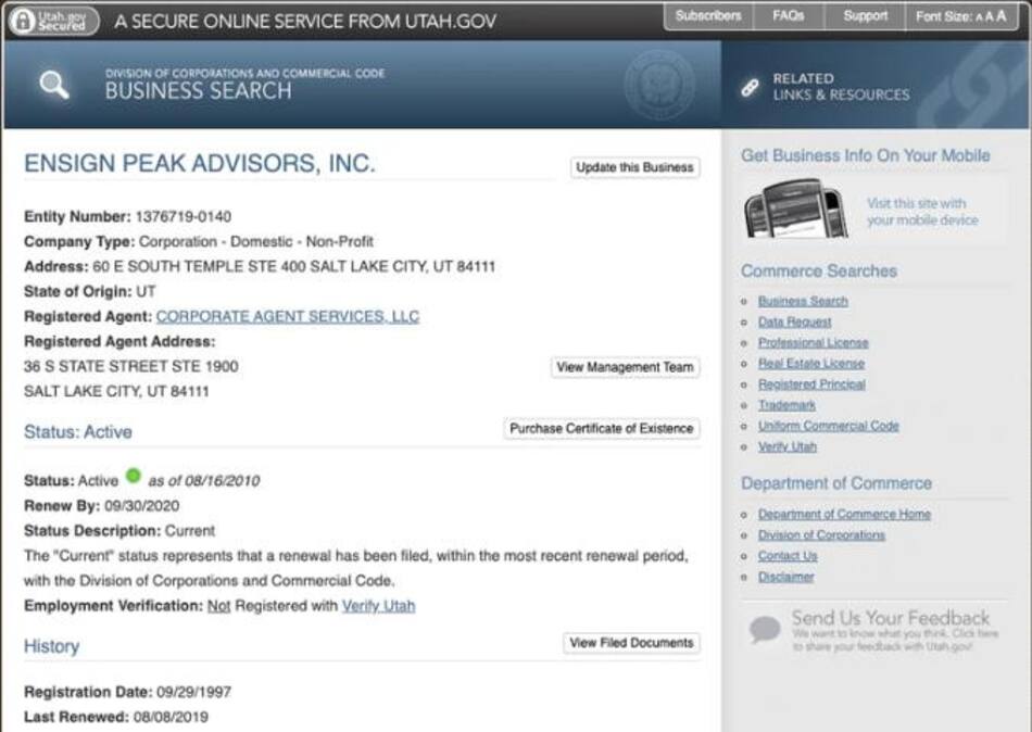 El registro oficial de Ensign Peak Advisors en el estado de Utah.