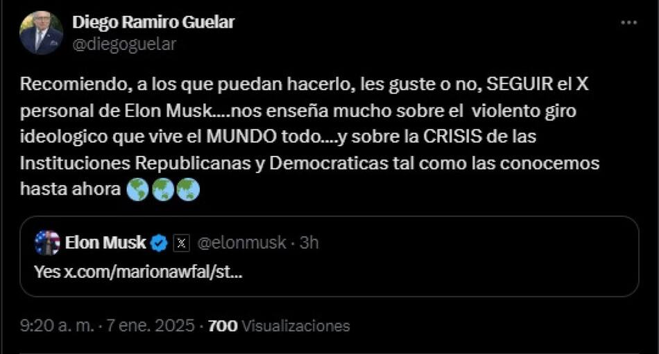 El mensaje de Diego Guelar sobre Elon Musk. Foto: Captura X.