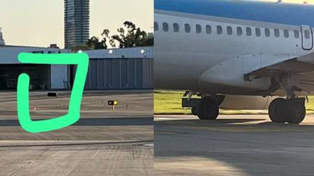 La rueda del avión de Aerolíneas Argentinas. Foto: X / @hugo1969s