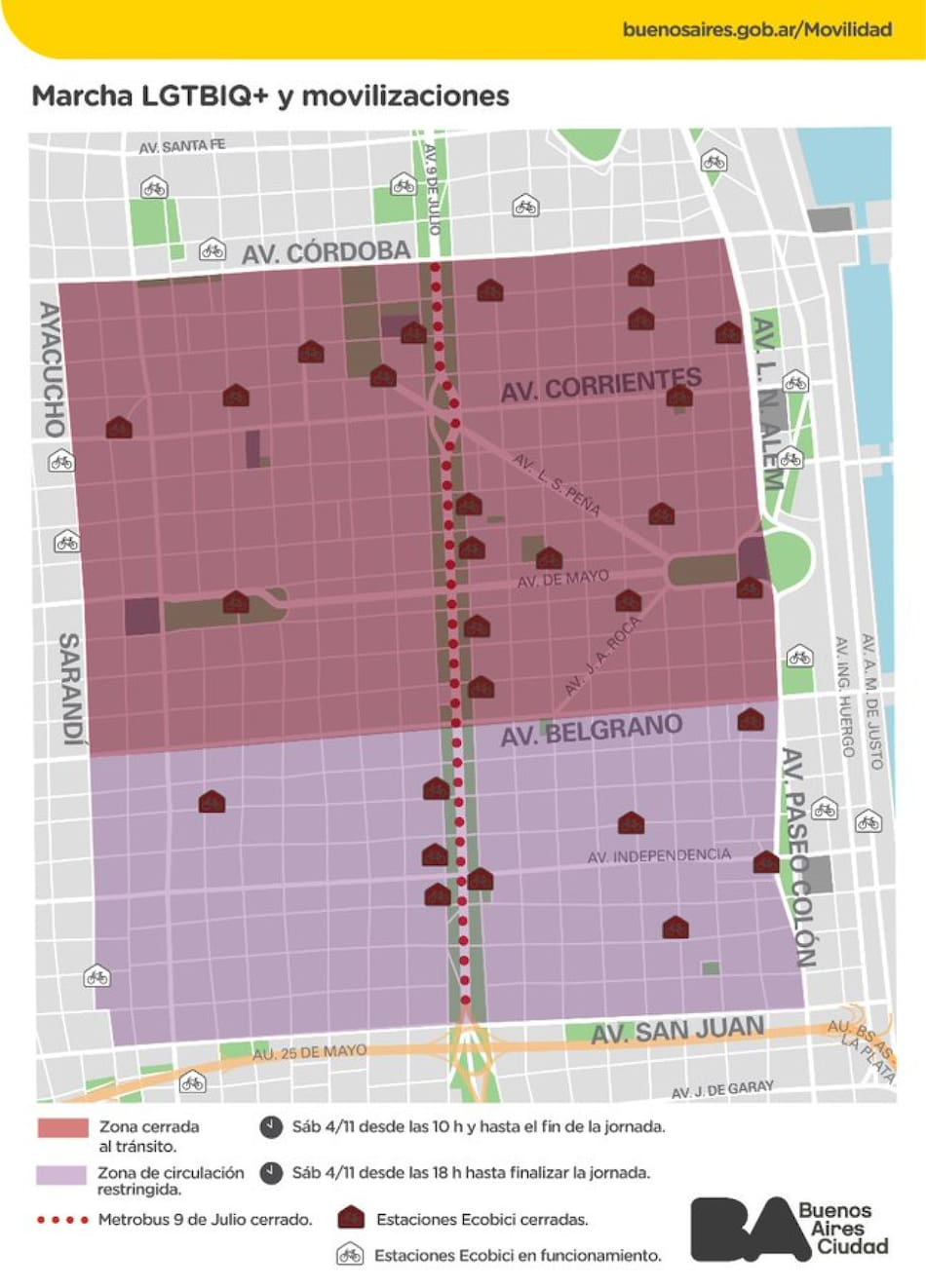 Mapa de cortes en la Ciudad de Buenos Aires. Foto: Twitter BA Tránsito.