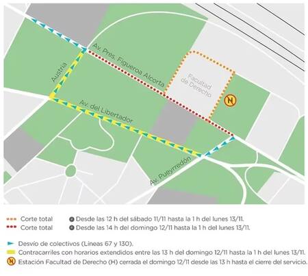 El mapa de los cortes de tránsito. Foto: Secretaría de Transporte y Obras Públicas de CABA