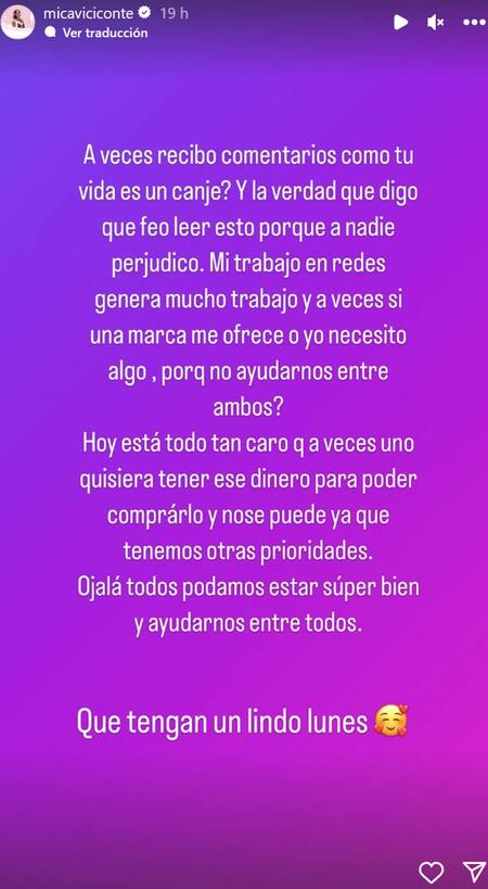 El descargo de Mica Viciconte. Foto: Instagram.