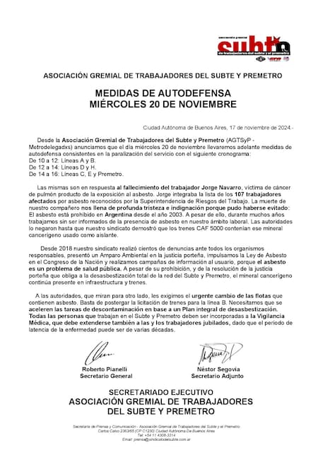 El comunicado de AGTSyP - Metrodelegados por el paro de subtes.