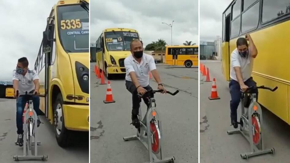 Choferes de colectivos son subidos a bicicletas. Captura video