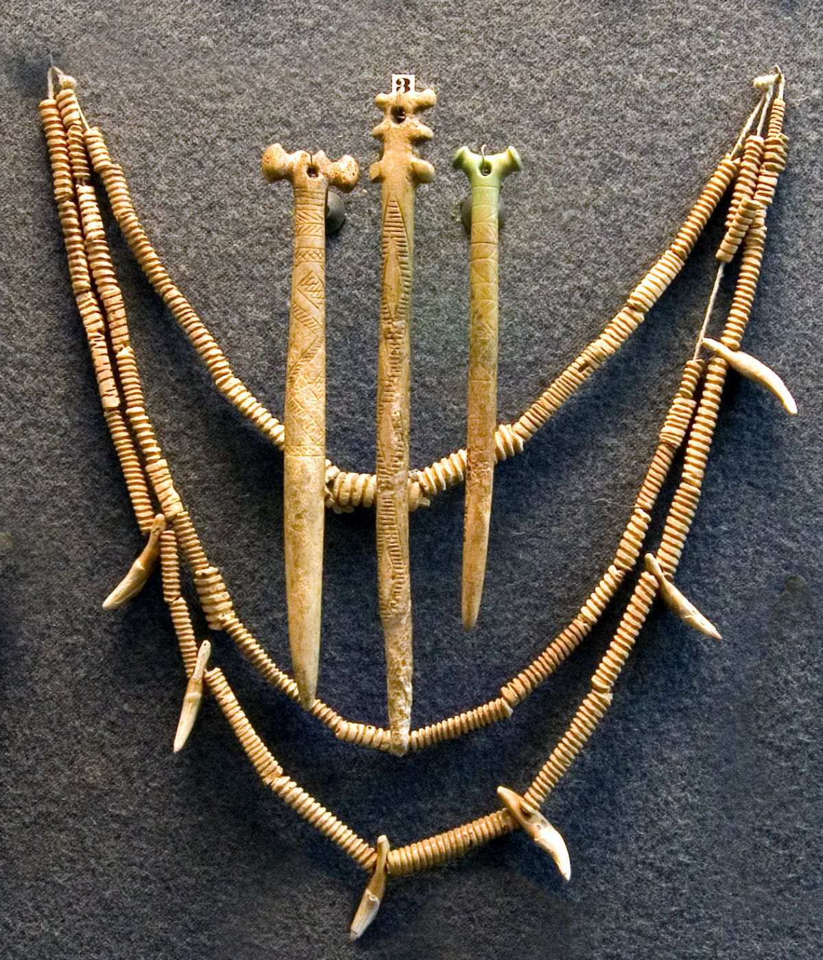Ornamentos y objetos (de hueso y dientes caninos) pertenecientes a los Yamnaya. Foto: Wikipedia.