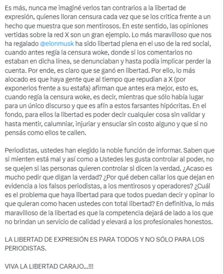 Segunda parte de lo que escribió Milei contra la prensa. Foto: Twitter.