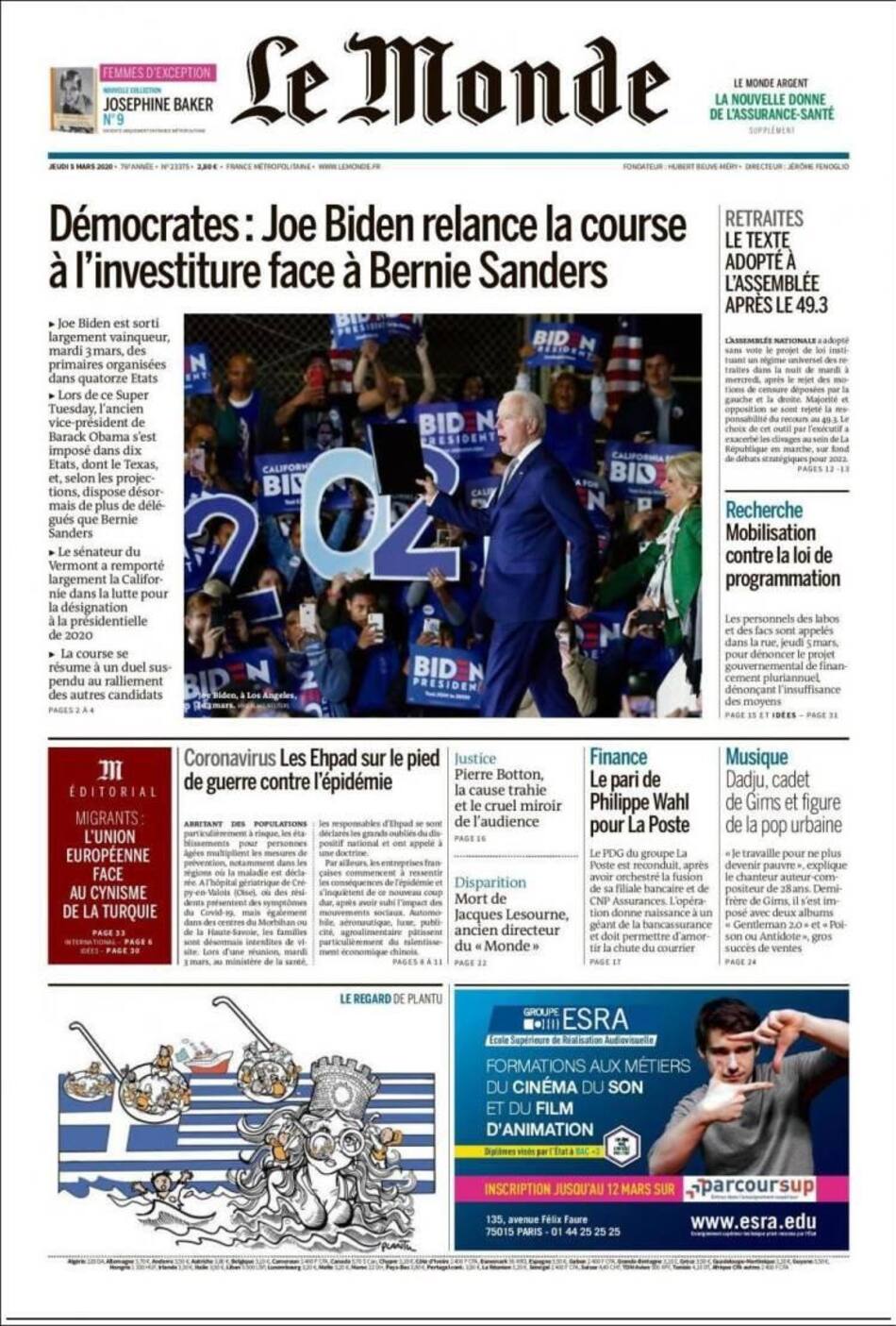 Tapa de diarios, Le Monde, Jueves 5 de marzo de 2020