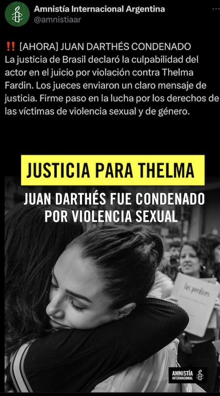 El mensaje de Amnistía Internacional después de que la Justicia fallara en contra de Juan Darthés. Foto X.
