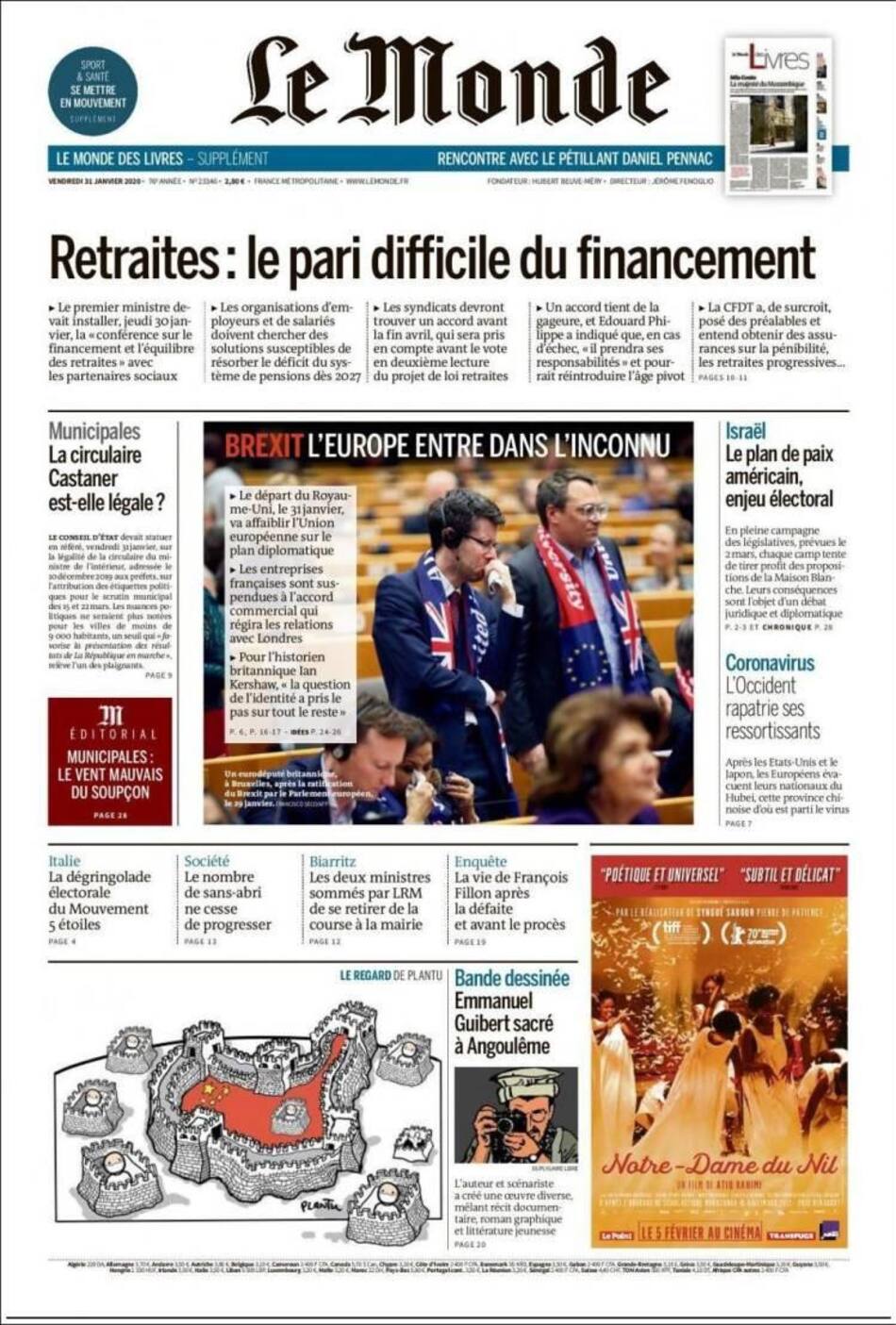 Tapas de diarios, Le Monde, viernes 31 de enero de 2020