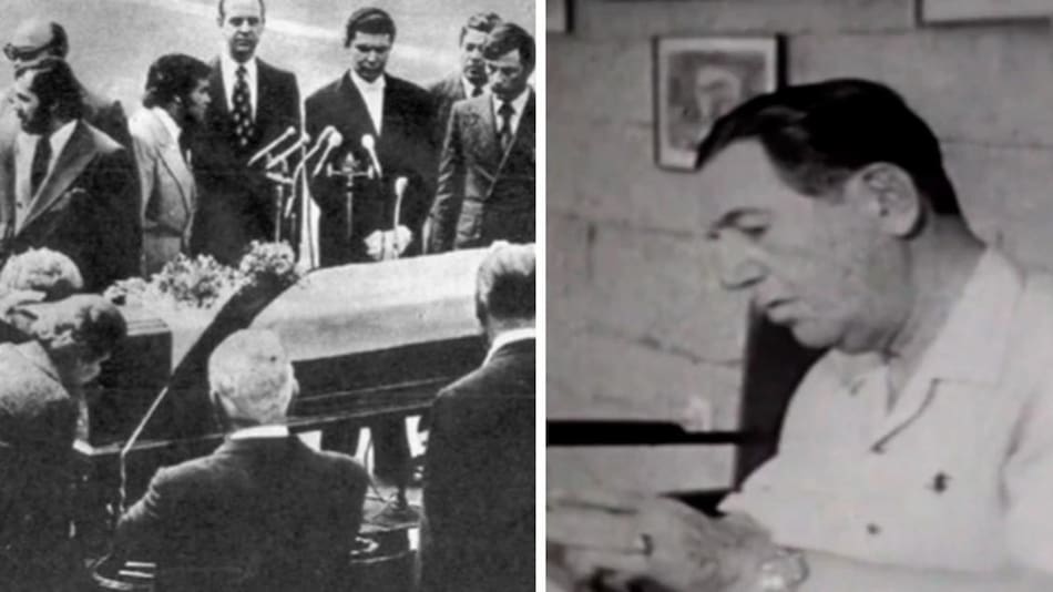 Juan Domingo Perón en Puerta de Hierro, féretro de Eva Perón