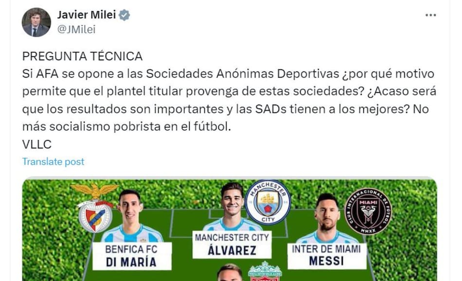 El tuit de Javier Milei sobre la selección argentina y las SAD.