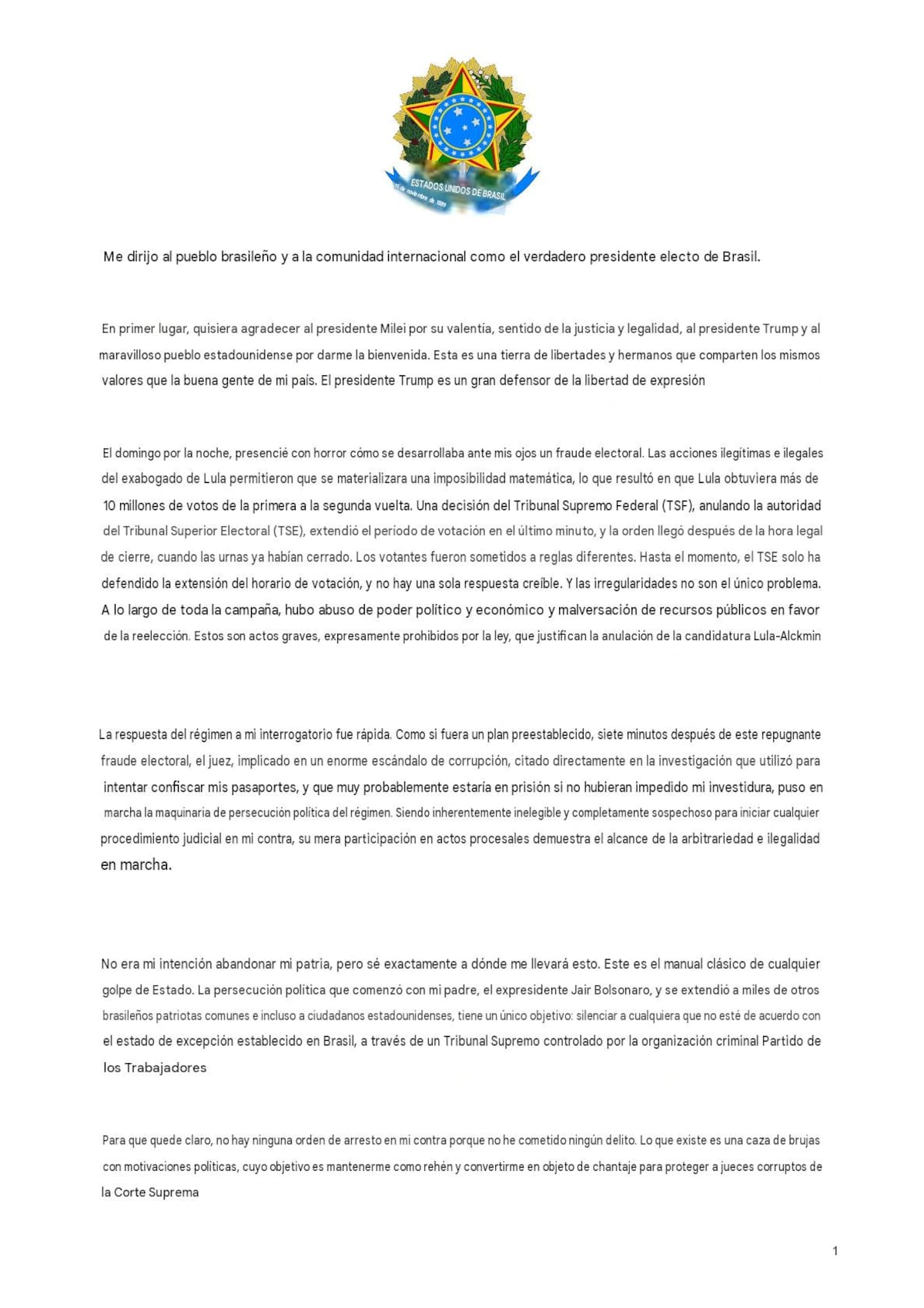 La carta de Flávio Bolsonaro tras su viaje a Estados Unidos