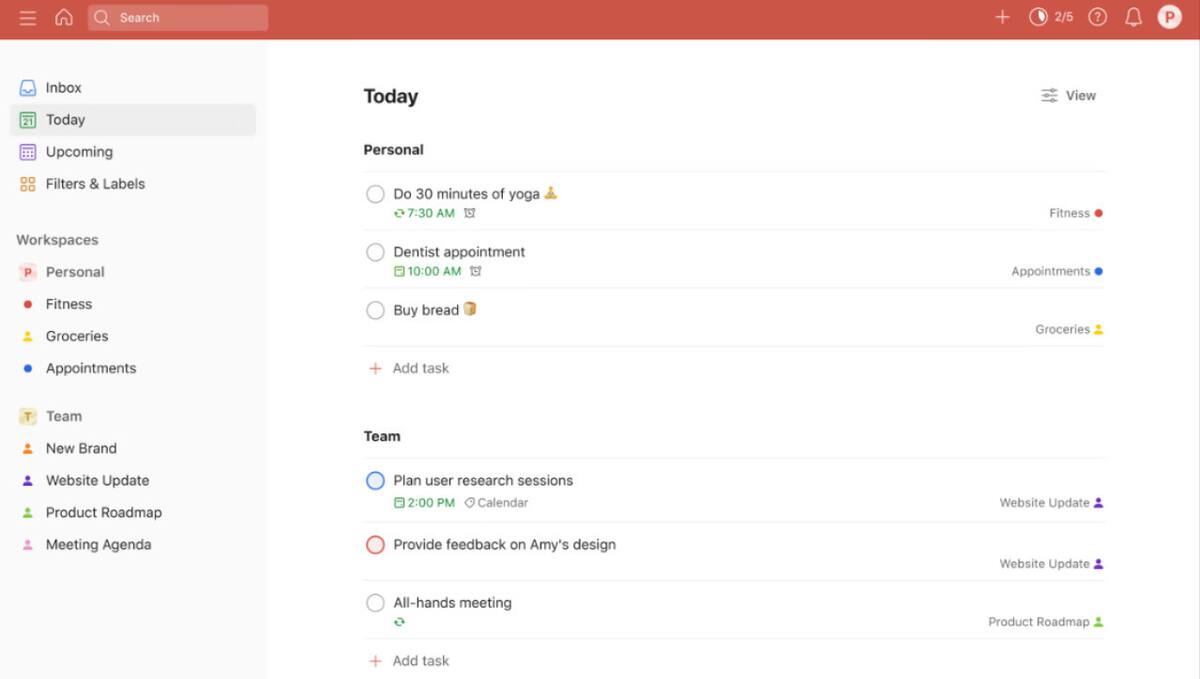 Esta herramienta permite clasificar las tareas en distintos espacios de trabajo. Foto: Todoist.