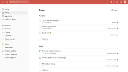 Esta herramienta permite clasificar las tareas en distintos espacios de trabajo. Foto: Todoist.