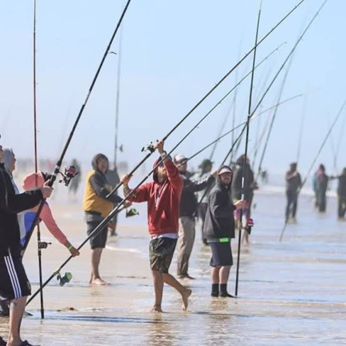 Pescadores participando en el concurso de la Fiesta Nacional de la Pescadilla sobre la costa de Pinamar, con cañas de pesca distribuidas a lo largo de la playa frente al mar