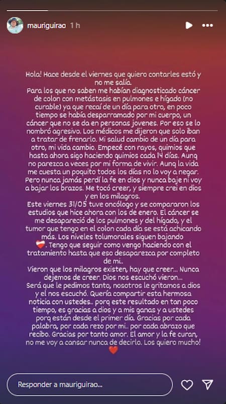 El emocionante mensaje de Mauri Guirao . Foto: Instagram @mauriguirao