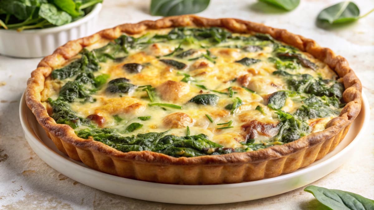 A delicious spinach and ricotta quiche, baked in a flaky crust.