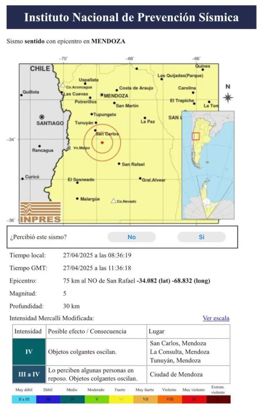 Sismo en Mendoza. Instituto Nacional de Prevención Sísmica