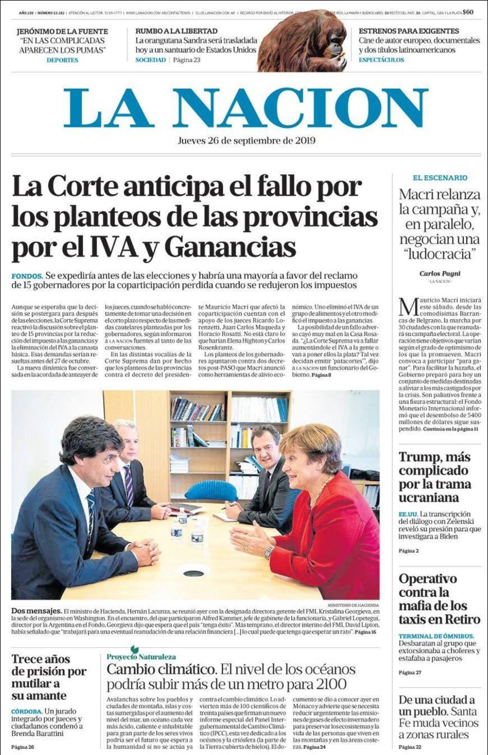 Tapas de diarios, La Nación, jueves 26-09-19