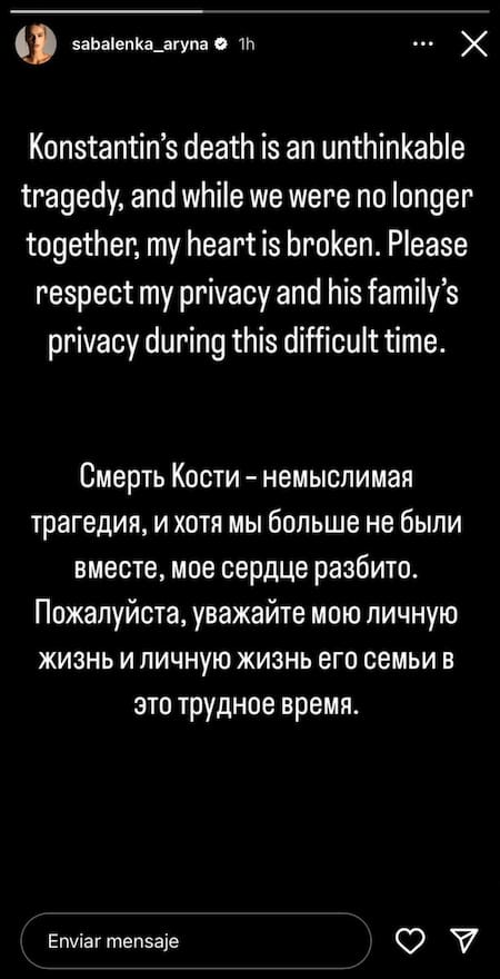 El posteo de Aryna Sabalenka luego de la muerte de su novio. Foto: Instagram