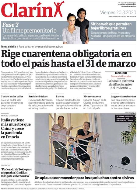 Tapas diarios, Clarín, viernes 20 de marzo de 2020