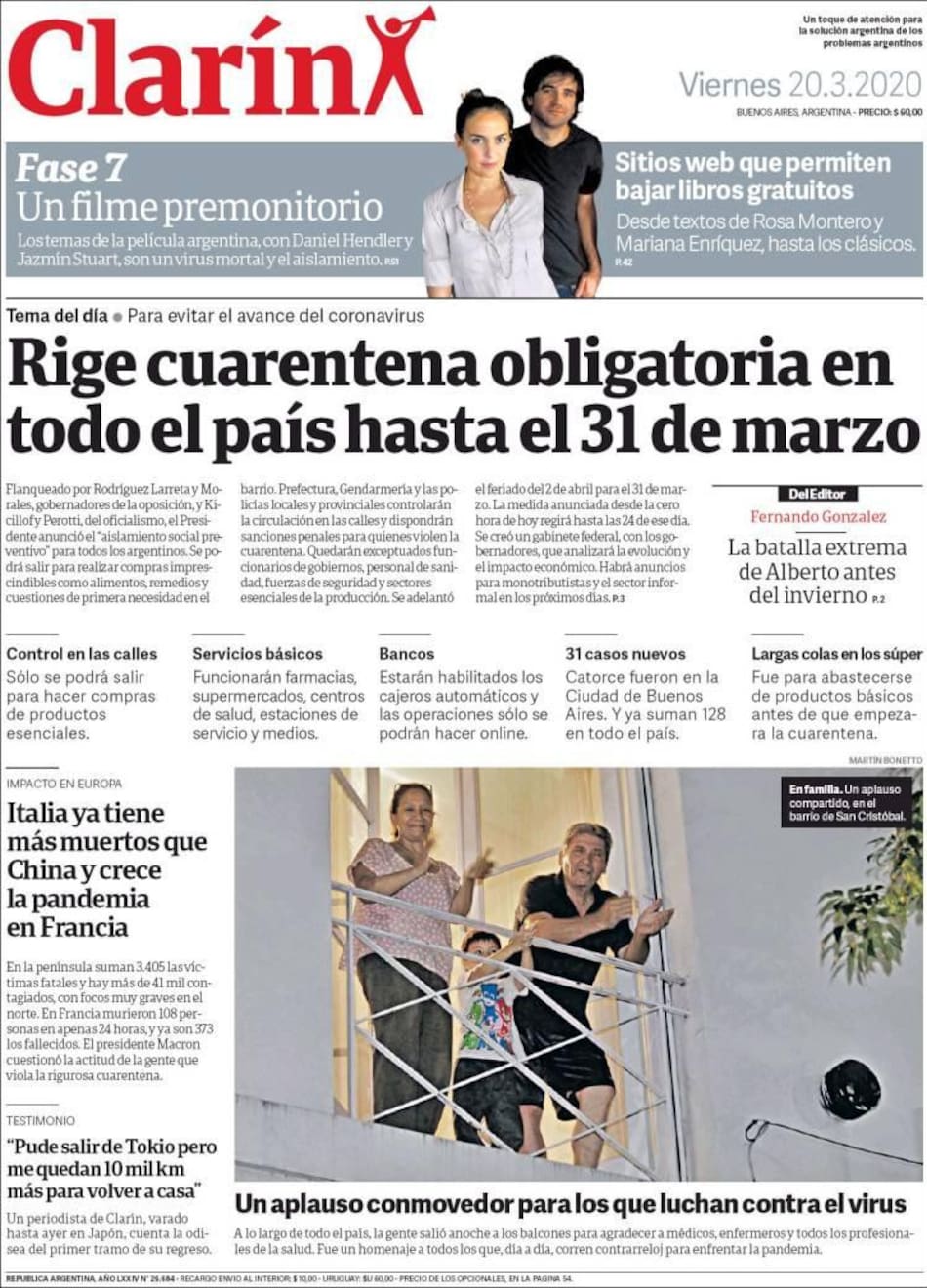 Tapas diarios, Clarín, viernes 20 de marzo de 2020