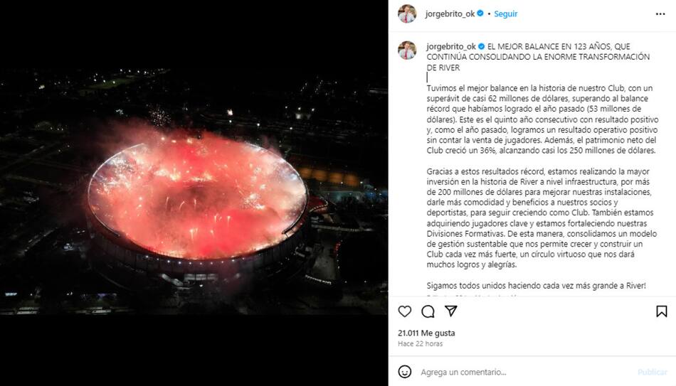 La publicación de Jorge Brito tras conocerse el superávit en el balance de River. Foto: Instagram.