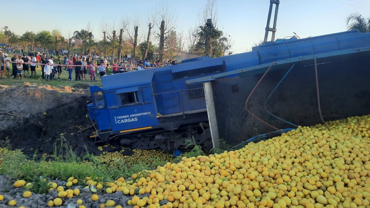 Tucumán: un tren de cargas chocó contra un camión con limones y descarriló.