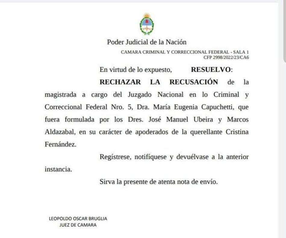 Fallo de la Cámara Federal sobre la jueza Capuchetti en el atentado contra Cristina Kichner.