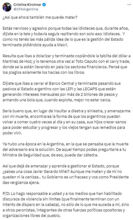 El posteo de Cristina Kirchner. Foto: X.