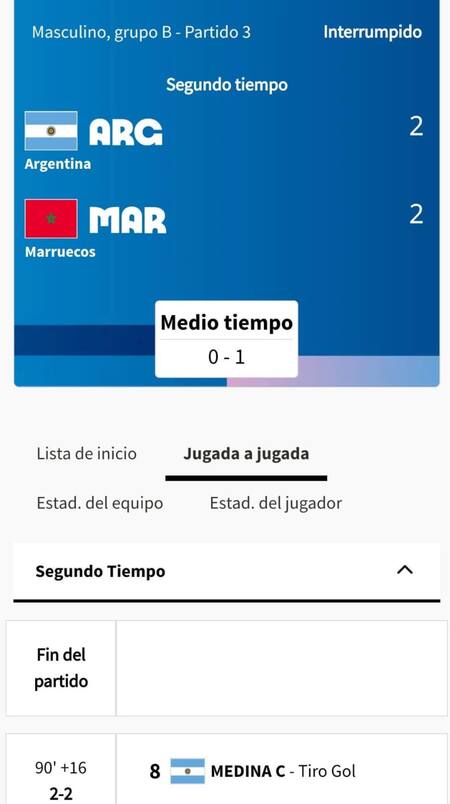 El sitio de París 2024 señala el partido como interrumpido. Foto: Captura.