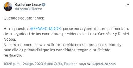 El mensaje de Guillermo Lasso sobre la seguridad para los candidatos presidenciales. Foto: Twitter.