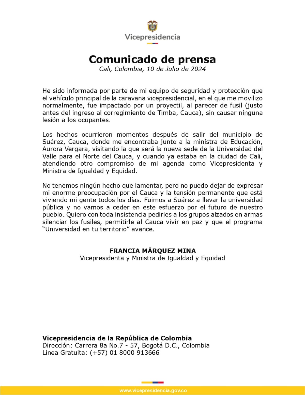 Comunicado oficial de la Vicepresidencia de Colombia. Foto: X / @ViceColombia.