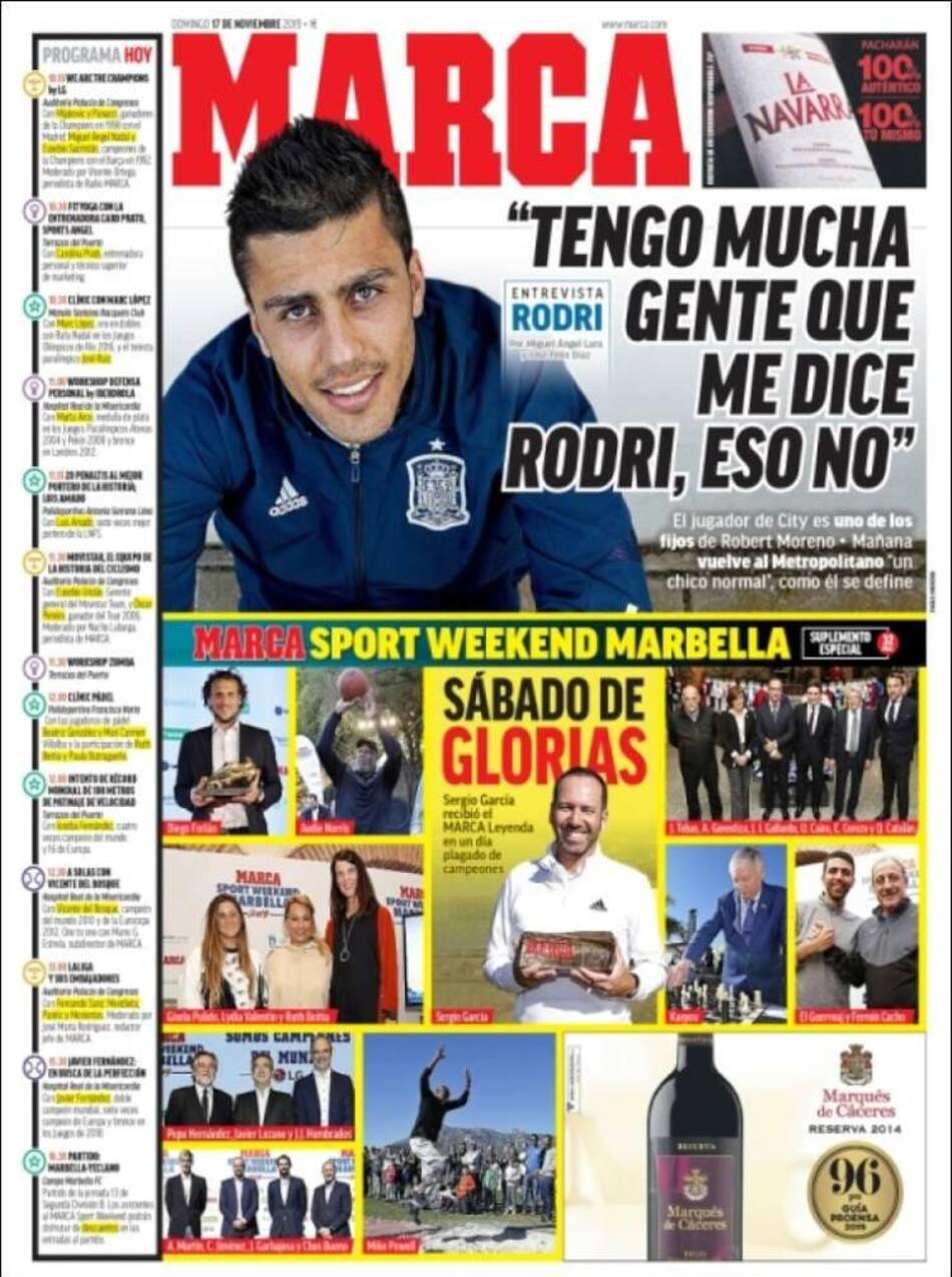 Tapas de diarios, Marca, domingo 17 de noviembre de 2019