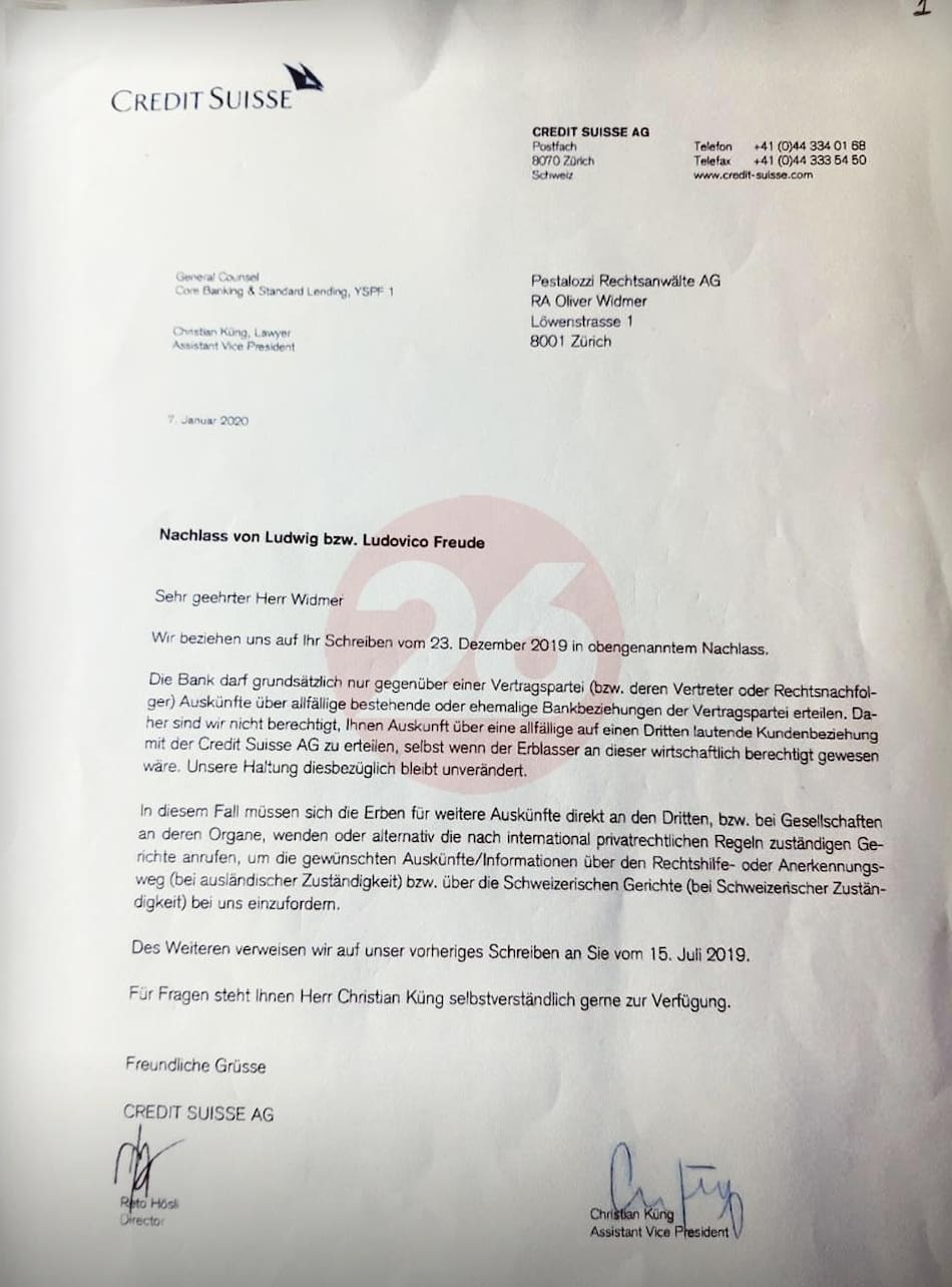 Carta Credit Suisse, Ludwig Freude, 7 enero 2020