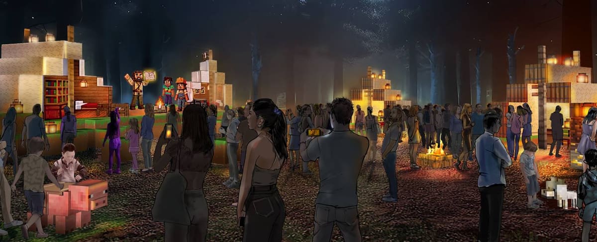 Niños y familias recorriendo un sendero iluminado inspirado en Minecraft, con escenarios de cuevas, cascadas y personajes del videojuego en una experiencia nocturna al aire libre.