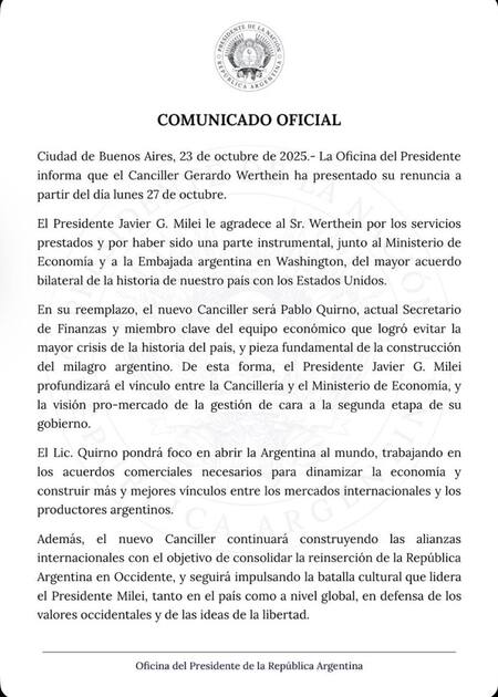 Presidencia confirmó la asignación de Pablo Quirno como canciller.