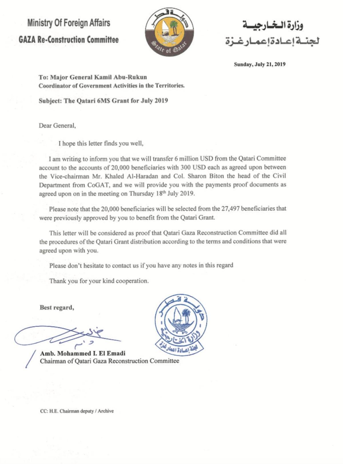 Otro documento obtenido en la investigación muestra que, en julio de 2019, Qatar notificó al gobierno israelí una transferencia de US$ 6 millones para 20.000 beneficiarios.