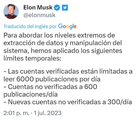 Mensaje de Elon Musk para limitar Twitter. Foto: Twitter.