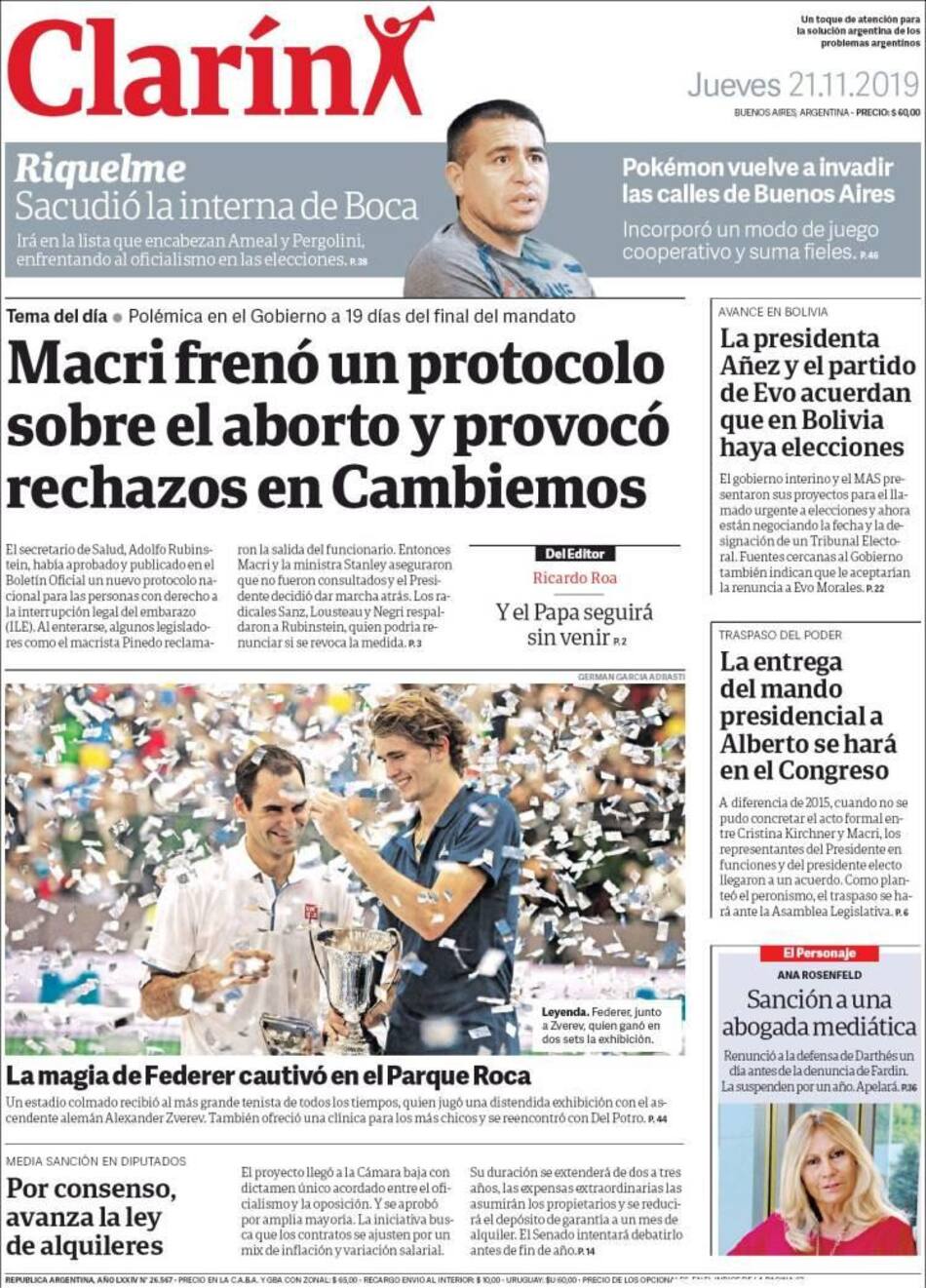 Tapas de diarios, Clarín, Jueves 21-11-19