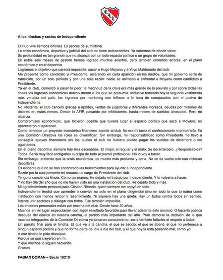 Comunicado de Fabián Doman sobre su renuncia a Independiente.