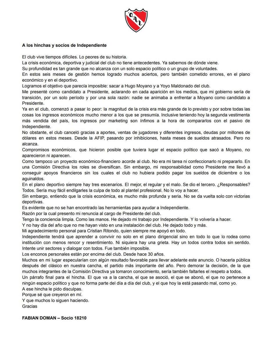 Comunicado de Fabián Doman sobre su renuncia a Independiente.