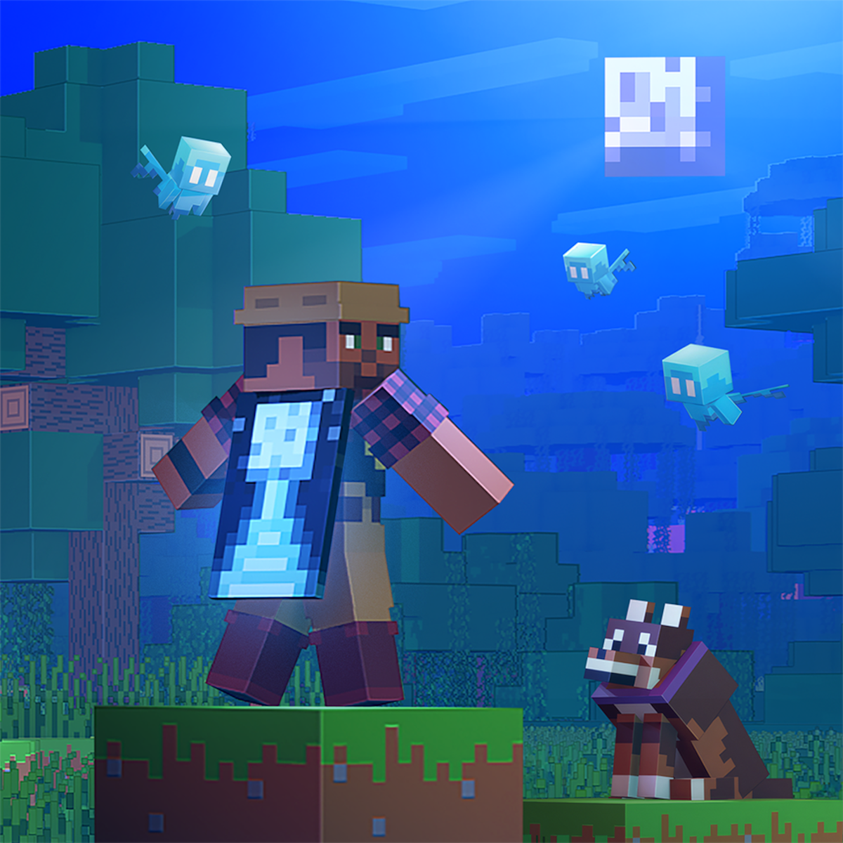 Niños y familias recorriendo un sendero iluminado inspirado en Minecraft, con escenarios de cuevas, cascadas y personajes del videojuego en una experiencia nocturna al aire libre.